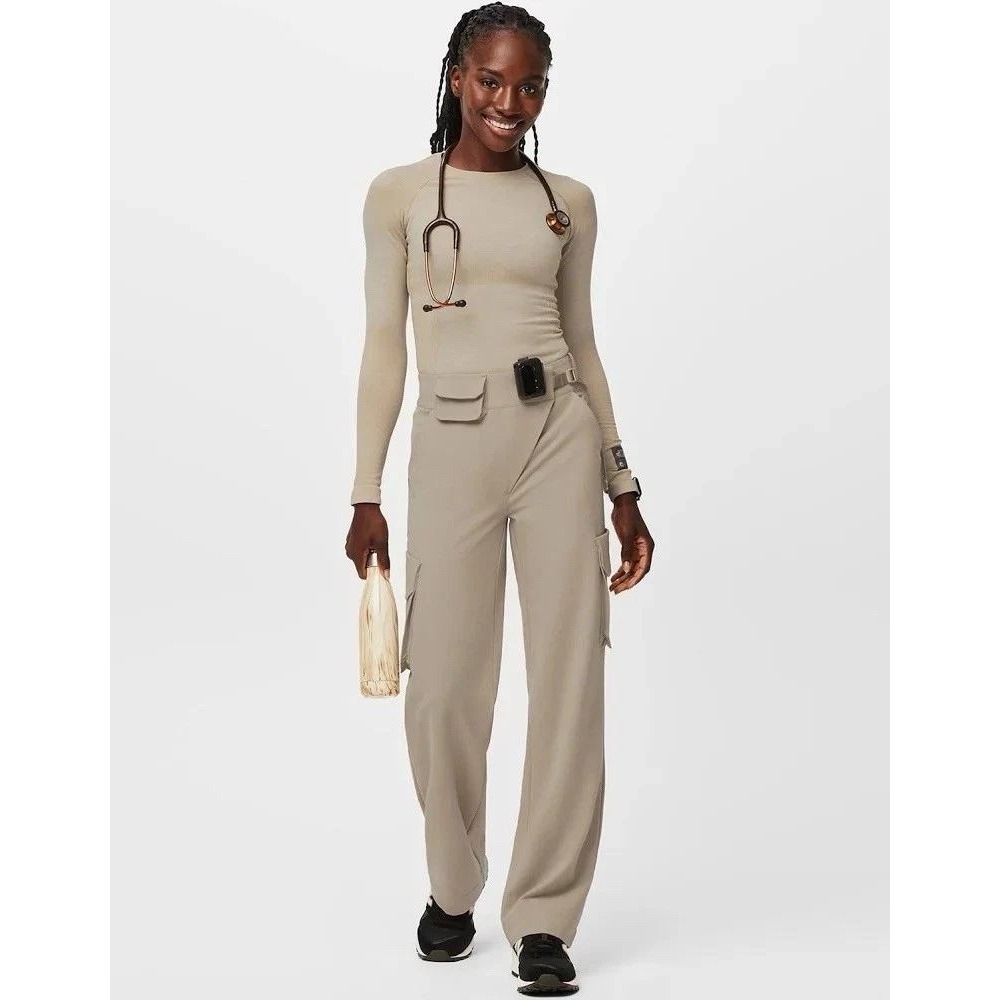 FIGS The Armorer Cargo Scrub Pants Women's Small Tall Wide Leg Beige